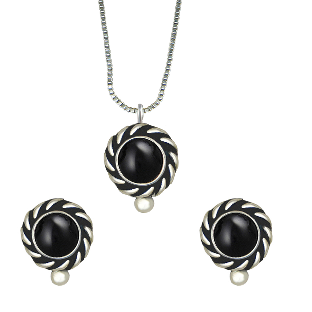 Sterling Silver Petite Necklace Earrings Set Black Onyx